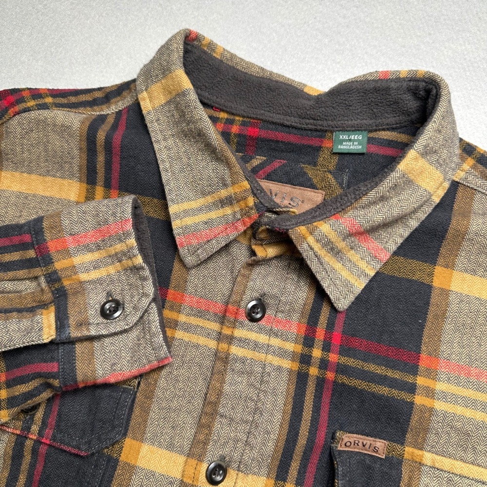 Orvis Flannel Shirt Men XXL Brown Plaid Fleece Lined Collar Herringbone Heavy
